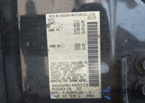 2014 Nissan Maxima 3.5 S from USA, damaged, VIN 1N4AA5AP8EC469519